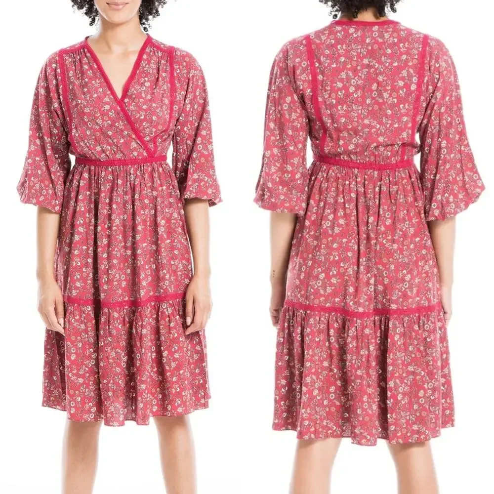 NWT Max Studio Boho Red Floral Bubble Sleeve Peasant Dress Small‎ - Picture 7 of 7
